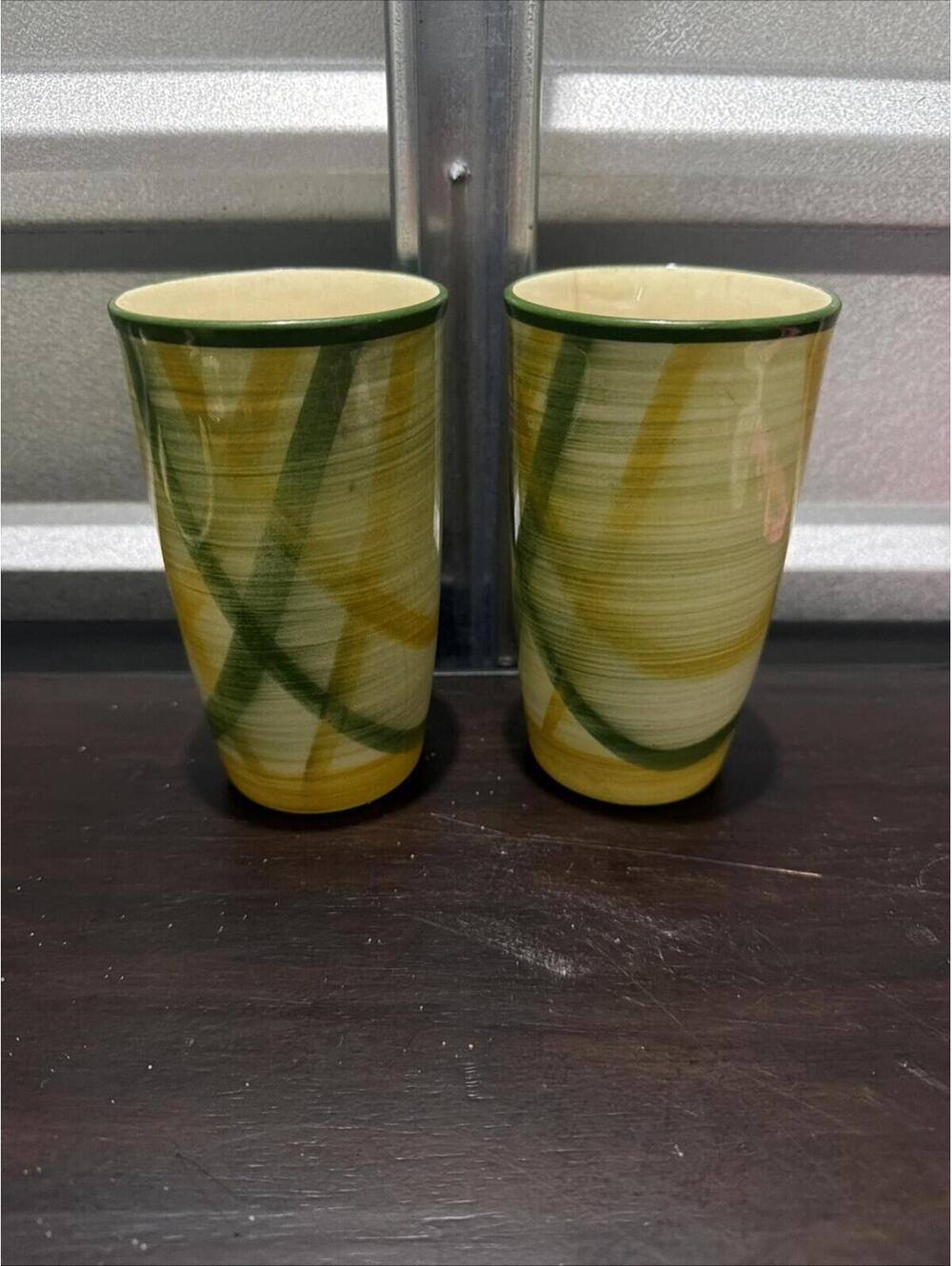 Vintage 2 1940's Vernon Ware Gingham 12oz Tumbler Green Yellow Plaid MCM *